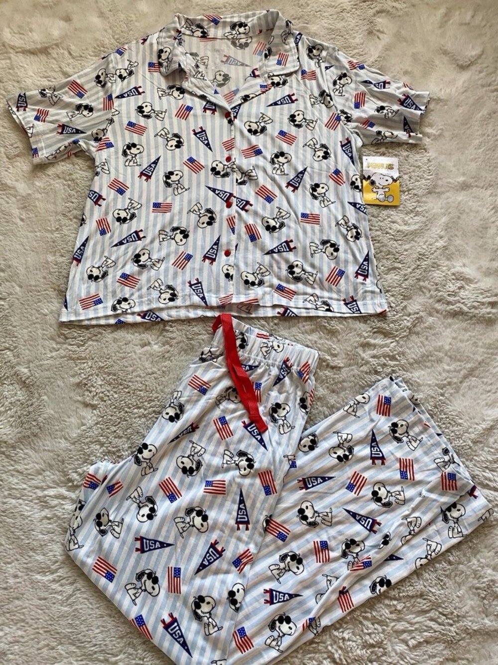 Peanuts SNOOPY Pajama PJ Set Pants Short Sleeve 4th Of July‎ Patriotic Women’s L